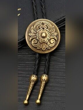 Western Cowboy Cowgirl gold round Floral Swirl leather bolo tie